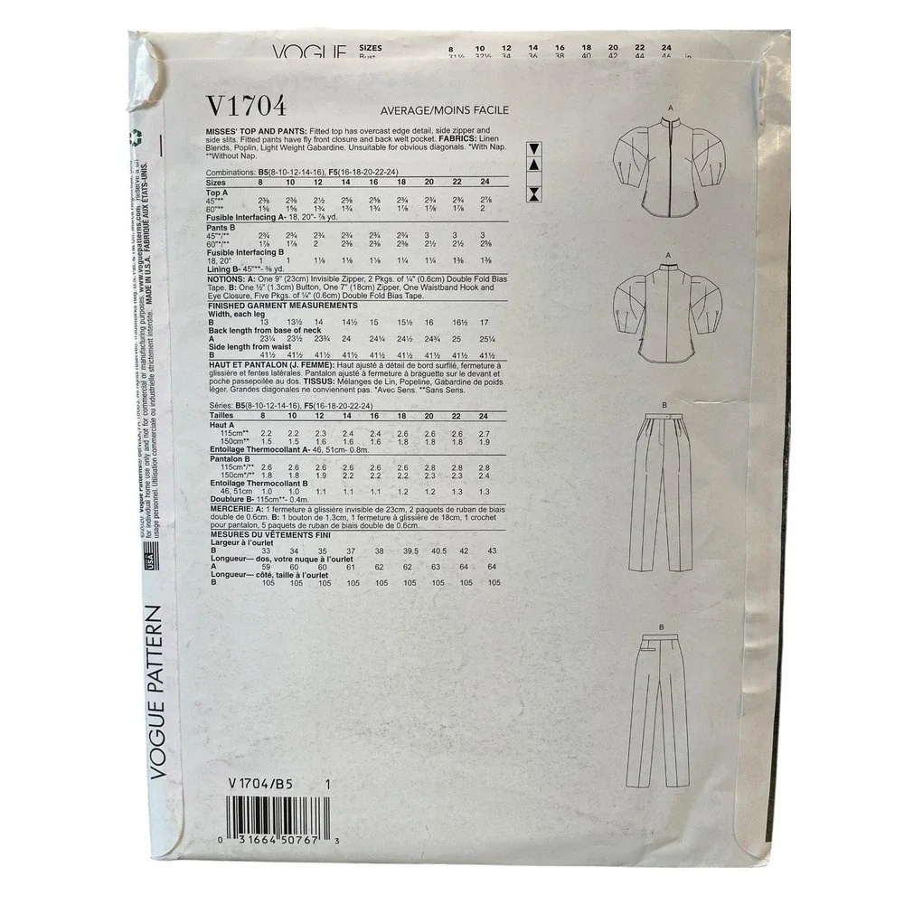 Vogue V1704 Misses Top and Pants Sewing Pattern Size 8-16